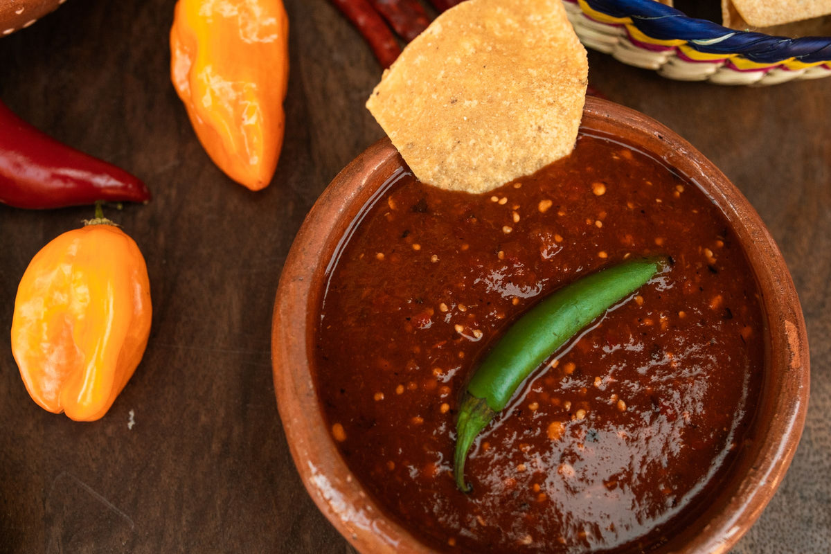 A clay bowl of dark red chile salsa with a tortilla chip and fresh chiles