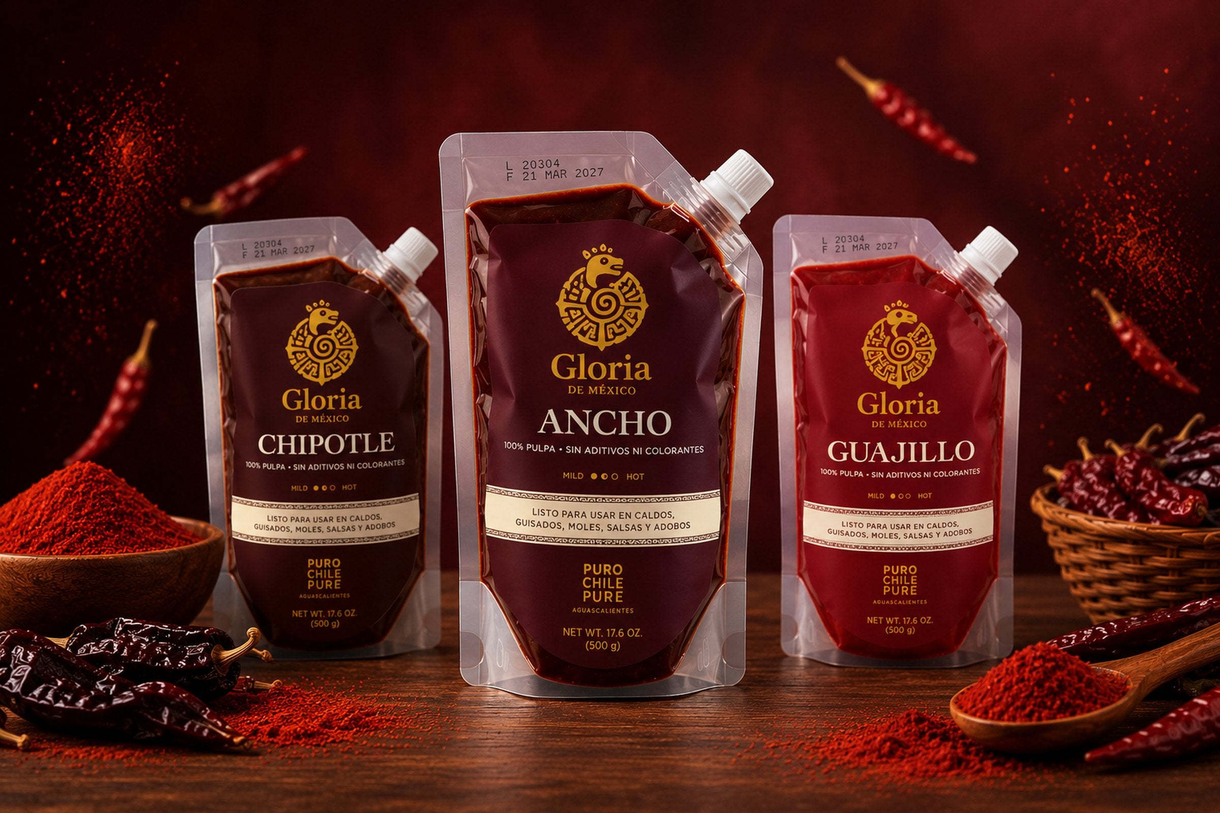 The full range of Gloria de México chile purées